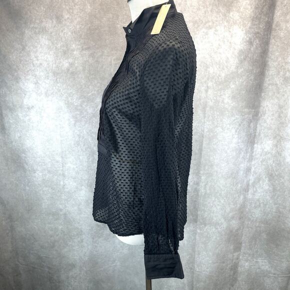 J Crew Blouse Shirt Women Sz 0 Black Button Polka Dot Sheer Burn Out Tuxedo NWT - Picture 2 of 9